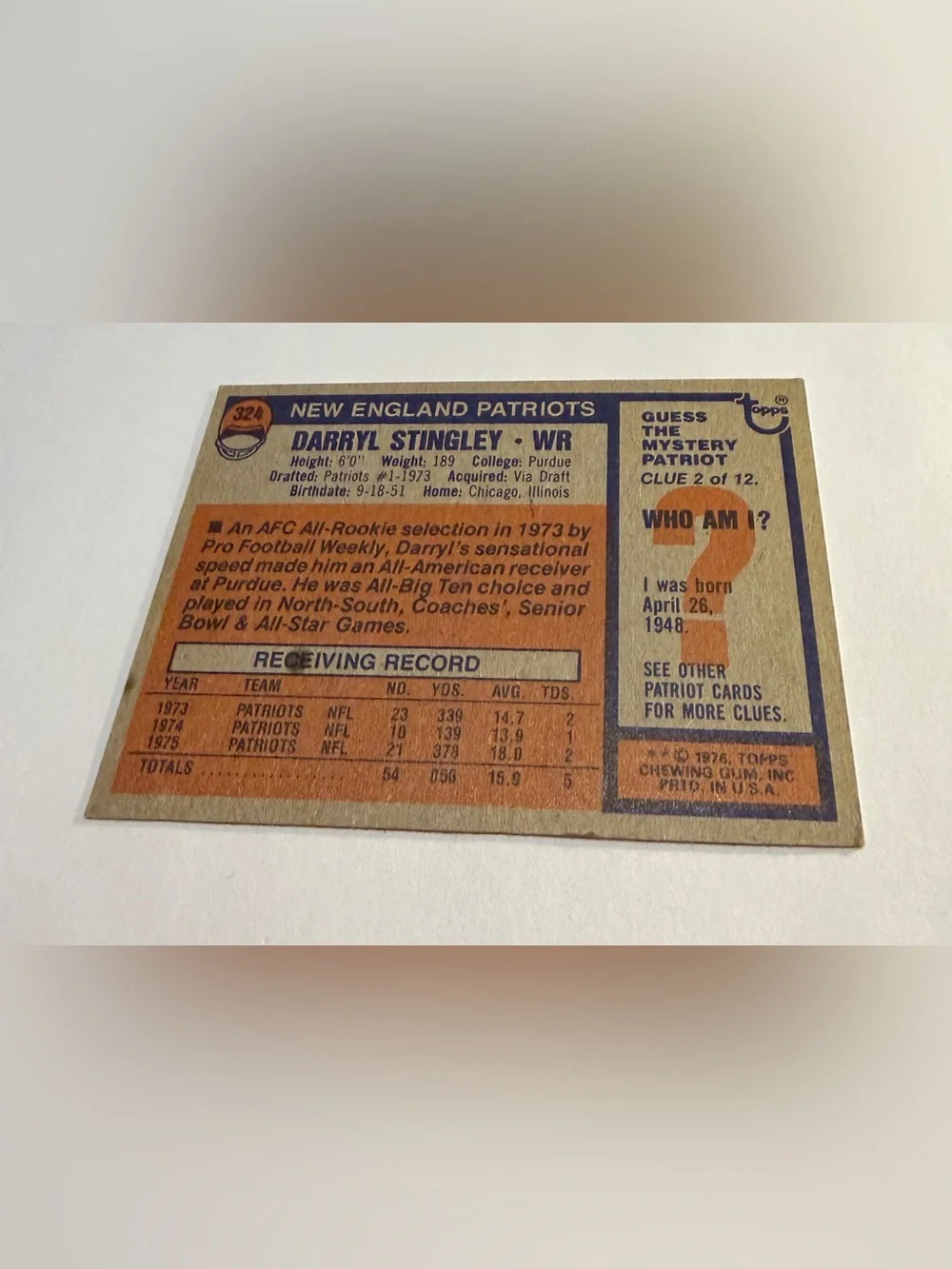Darryl Stingley 1976 Topps Football Card Vintage Collectible # 324